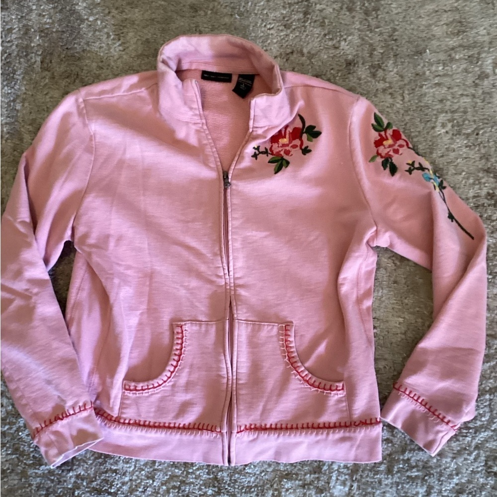 New York and Company full zip embroidered floral sweatshirt-pockets SZ L